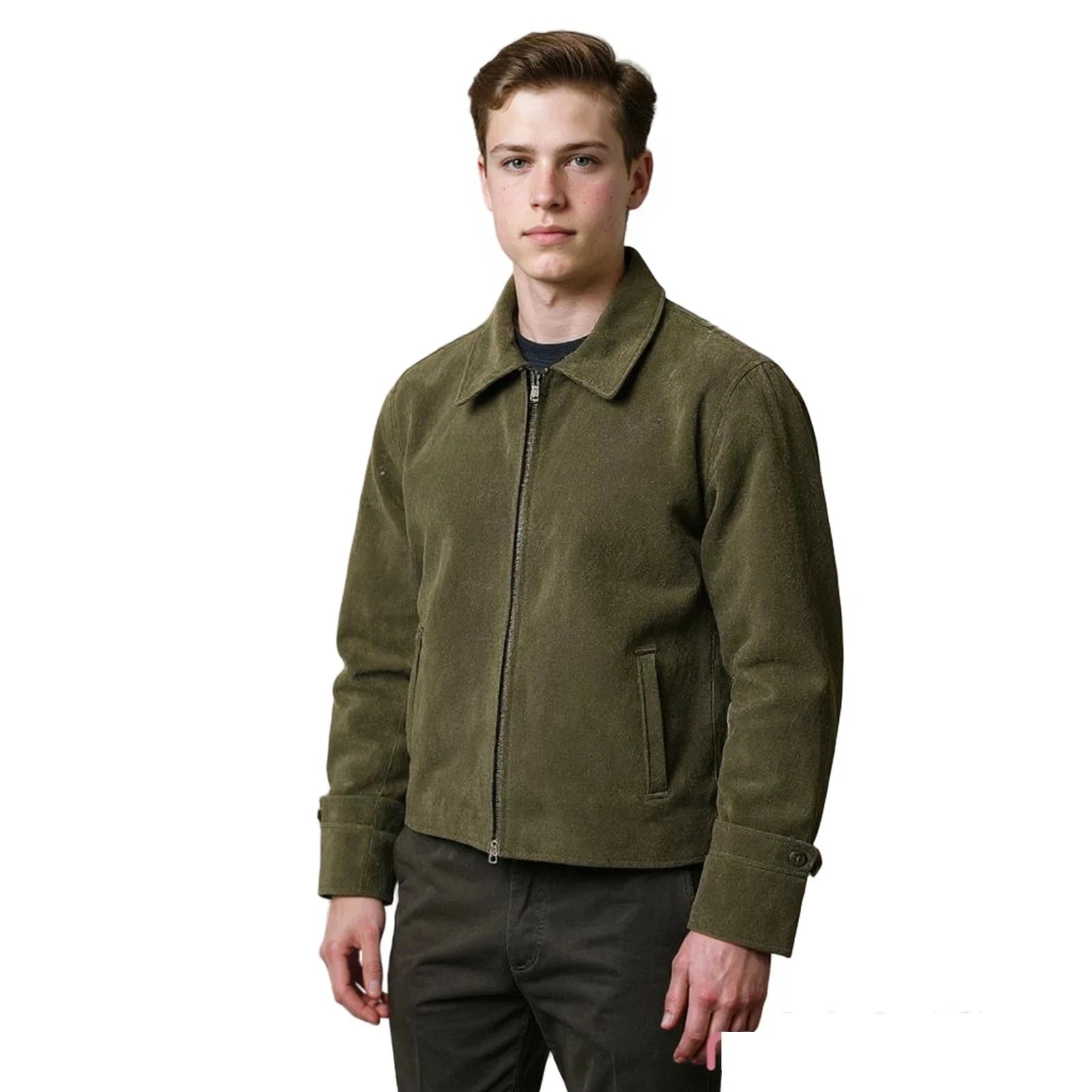 Men's Olive Green Suede Premium Original Leather Harrington Jacket