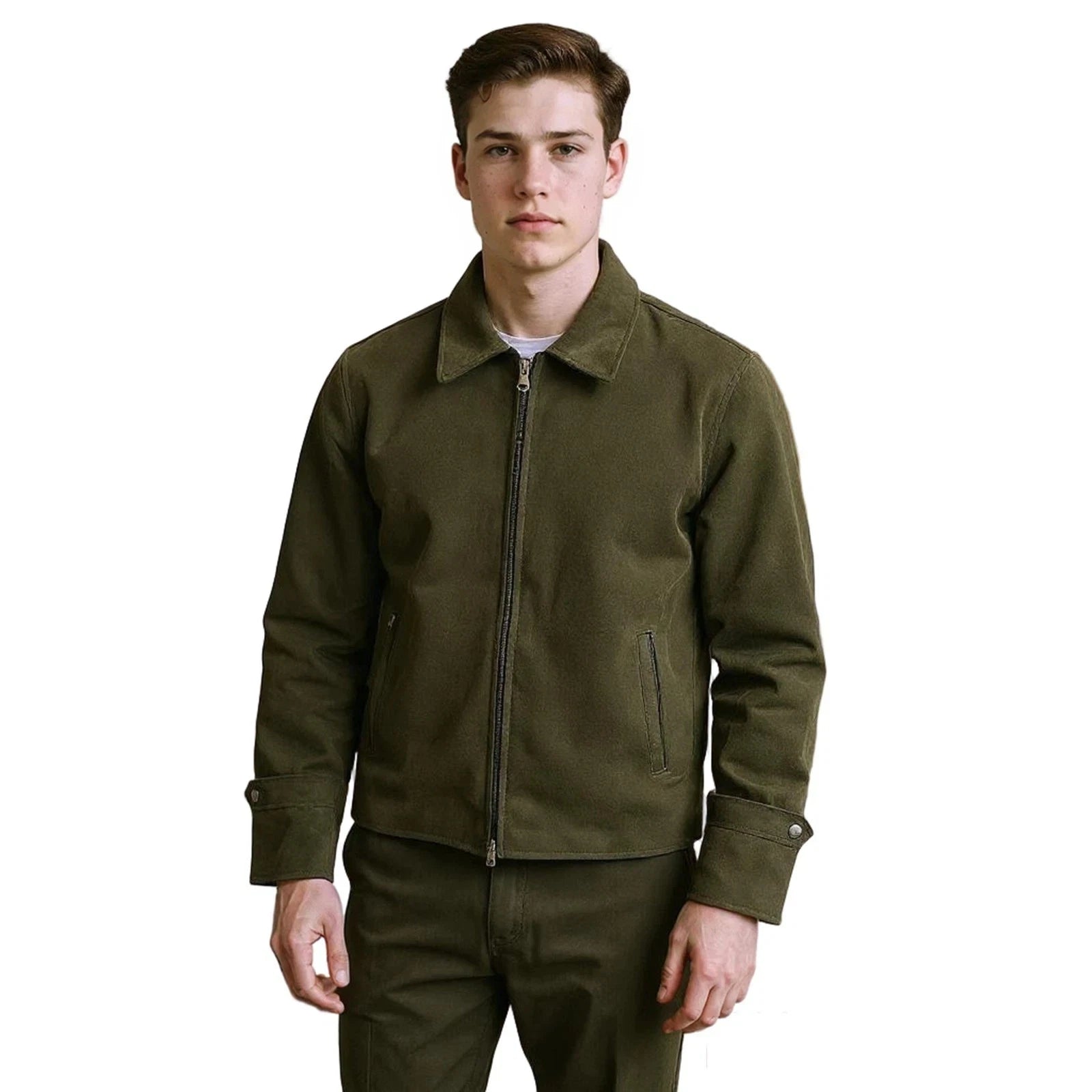 Men's Olive Green Suede Premium Original Leather Harrington Jacket