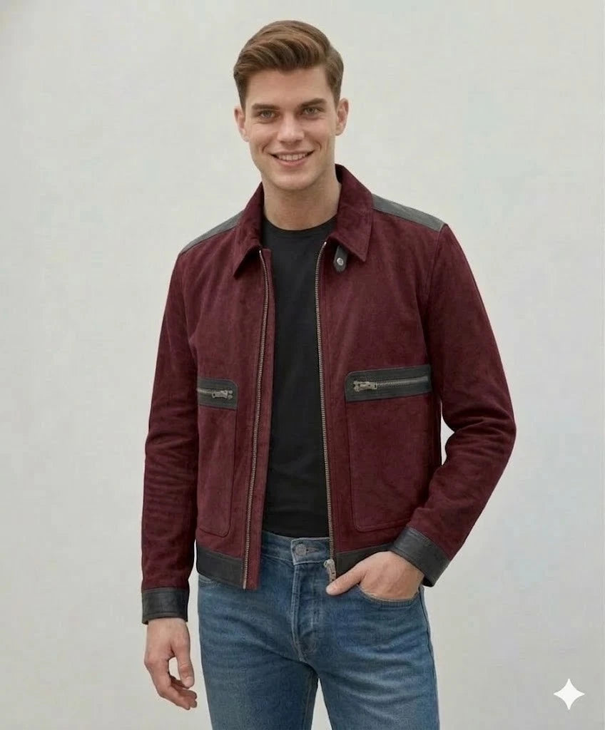 Men's Burgundy Two-Tone Suede Original Leather Jacket