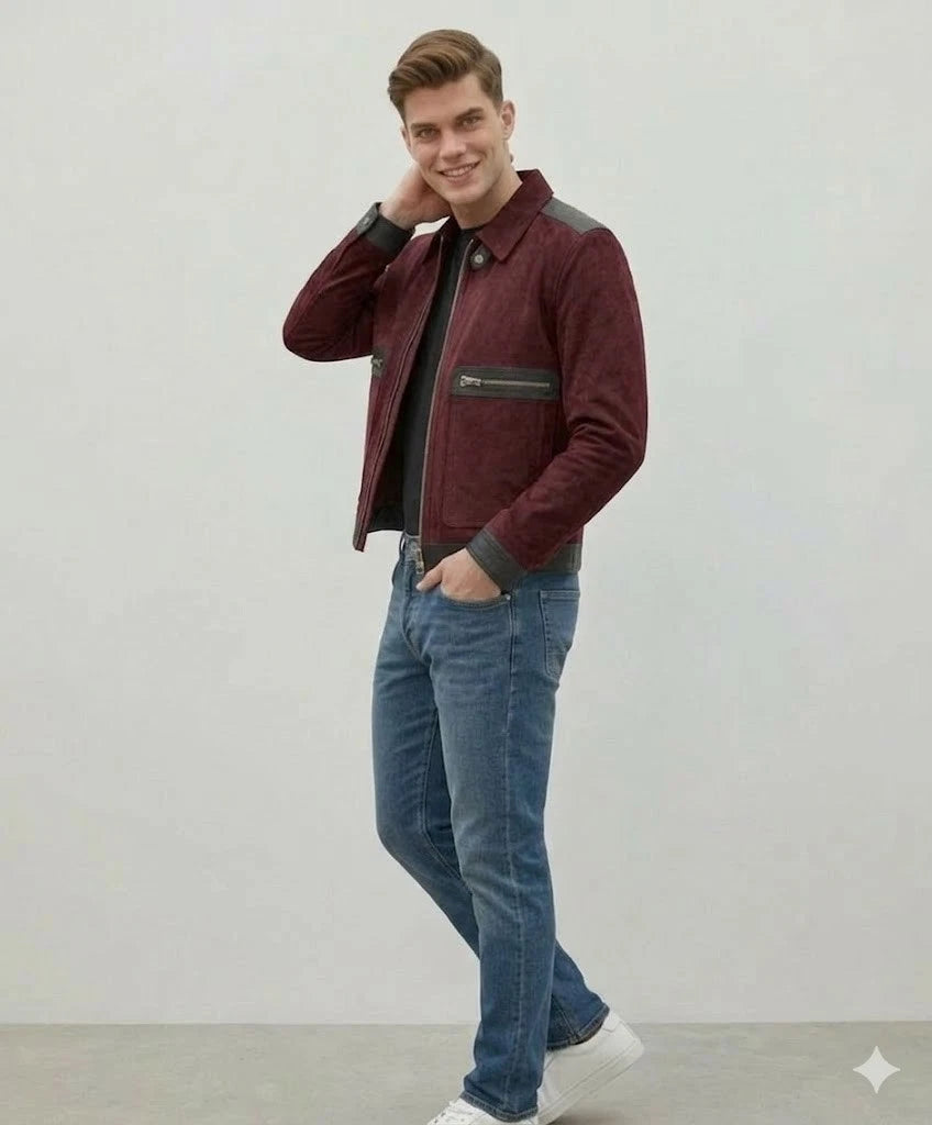 Men's Burgundy Two-Tone Suede Original Leather Jacket
