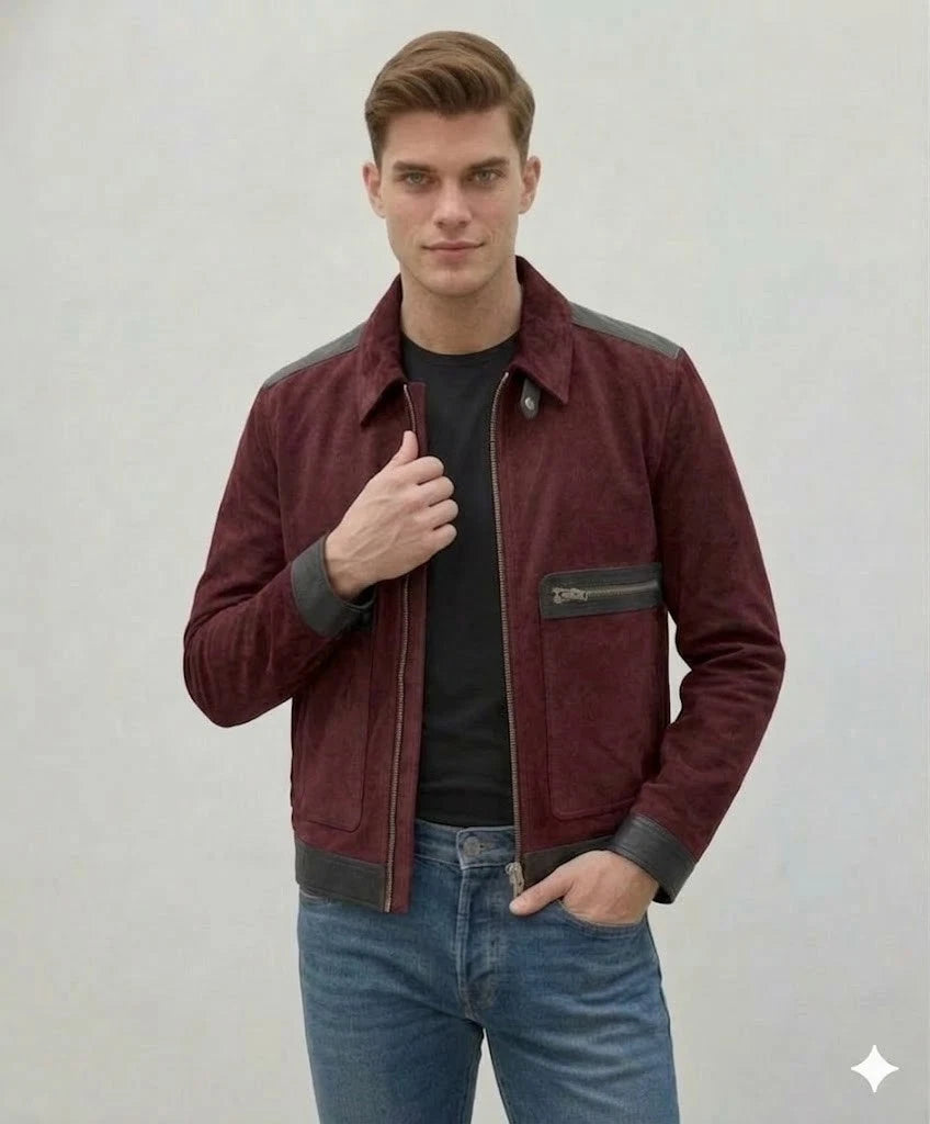 Men's Burgundy Two-Tone Suede Original Leather Jacket