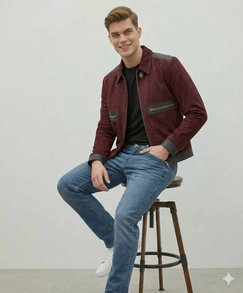 Men's Burgundy Two-Tone Suede Original Leather Jacket