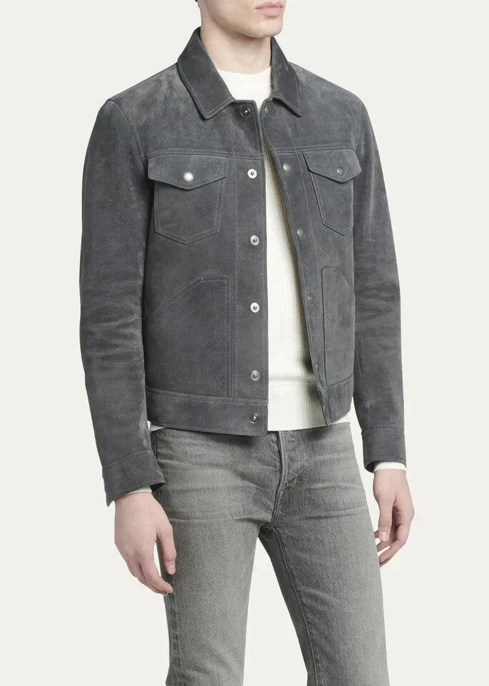 Men's Premium Grey Suede Original Leather Trucker Jacket