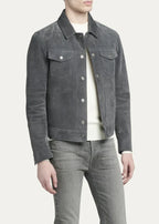 Men's Premium Grey Suede Original Leather Trucker Jacket