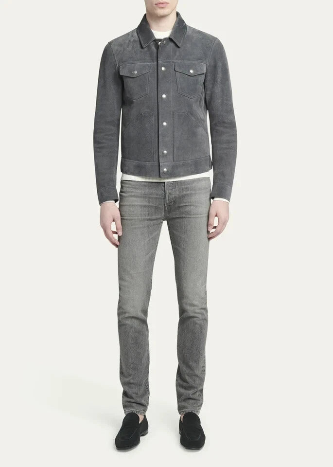 Men's Premium Grey Suede Original Leather Trucker Jacket