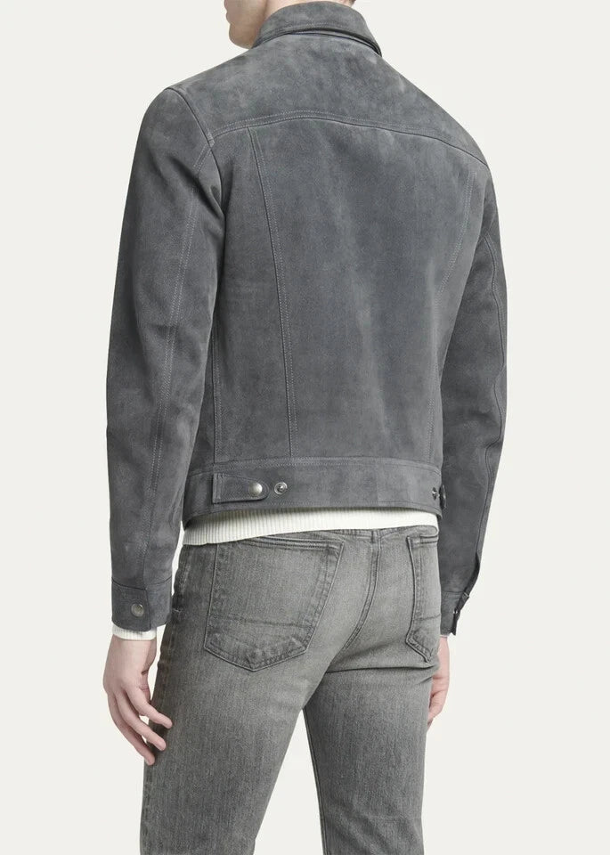 Men's Premium Grey Suede Original Leather Trucker Jacket