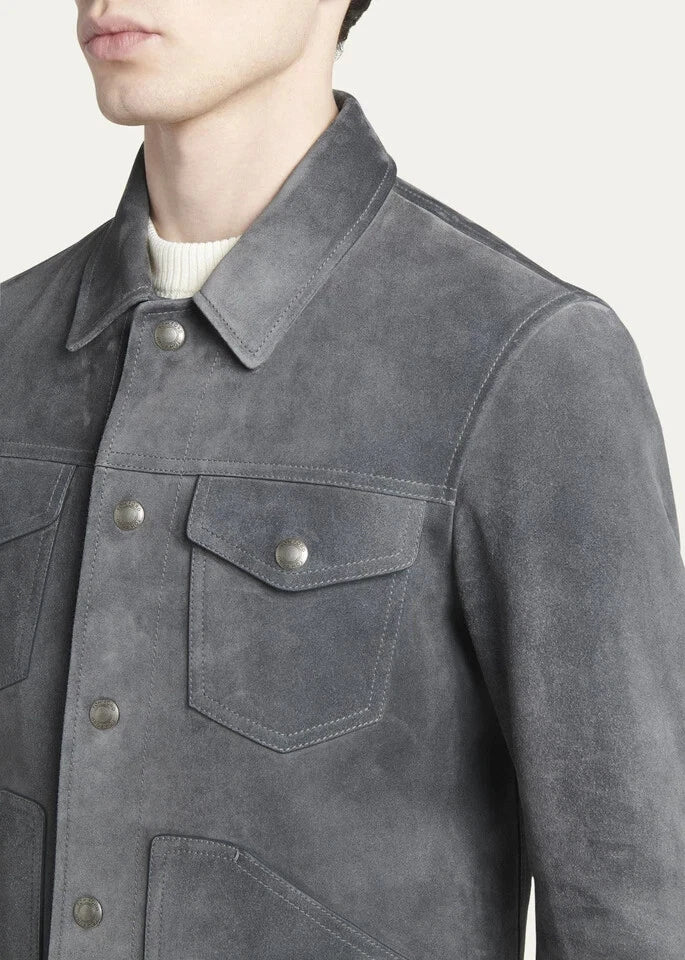 Men's Premium Grey Suede Original Leather Trucker Jacket