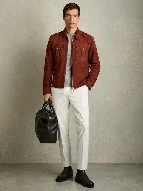 Men's Reiss burnt-red Belle Suede Original Leather Zip Shirt Jacket