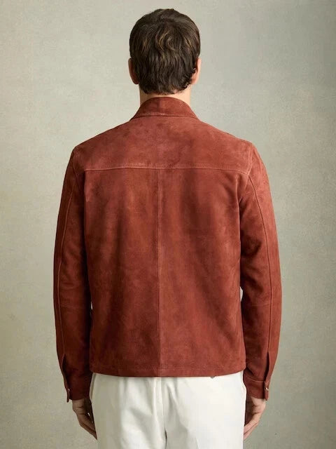 Men's Reiss burnt-red Belle Suede Original Leather Zip Shirt Jacket