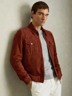Men's Reiss burnt-red Belle Suede Original Leather Zip Shirt Jacket