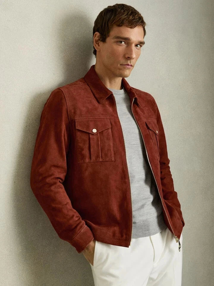 Men's Reiss burnt-red Belle Suede Original Leather Zip Shirt Jacket
