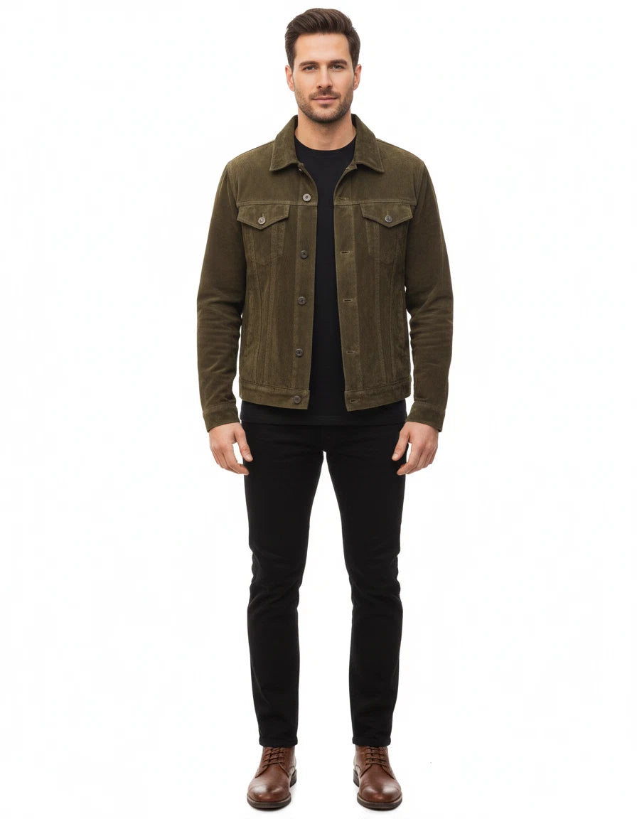 Men's Army Green Suede Original Premium Leather Trucker Jacket