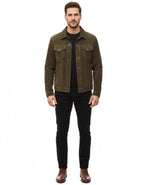 Men's Army Green Suede Original Premium Leather Trucker Jacket