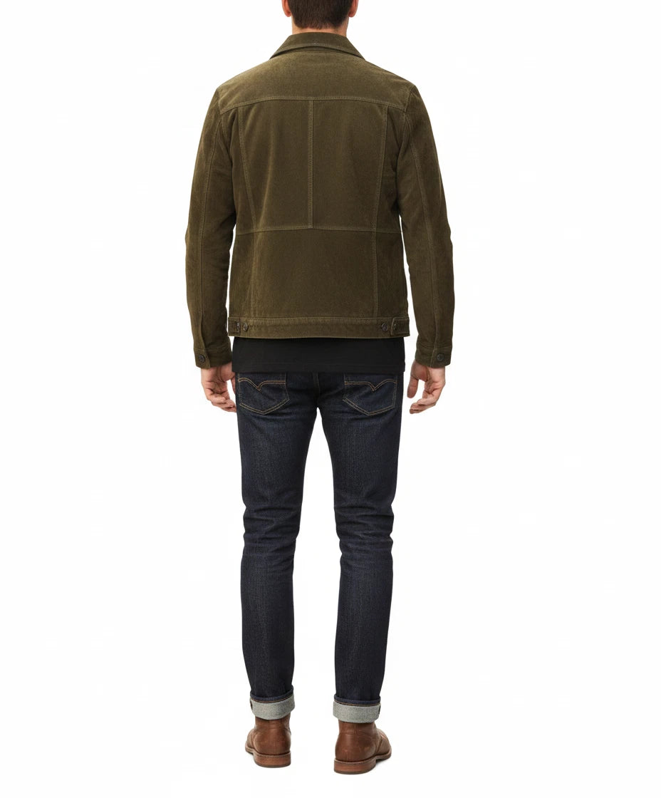 Men's Army Green Suede Original Premium Leather Trucker Jacket