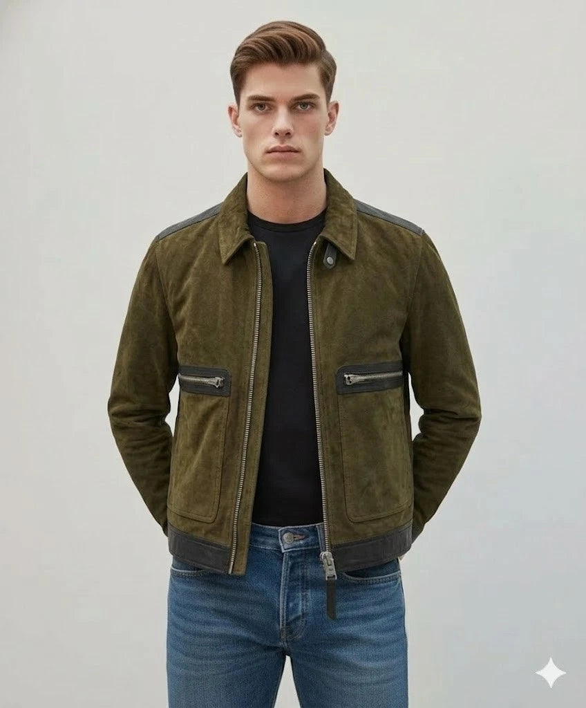 Men's Olive Green Two-Tone Suede Premium Original Leather Jacket