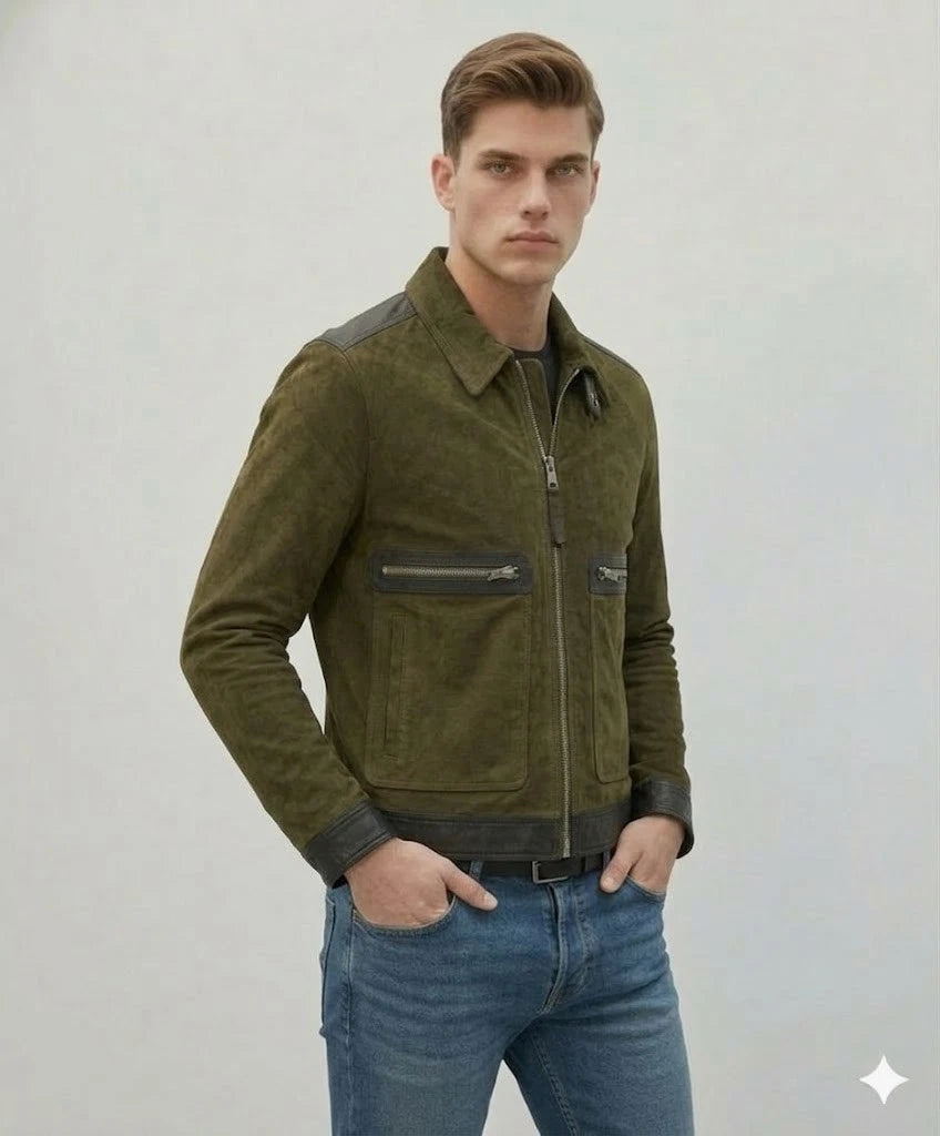 Men's Olive Green Two-Tone Suede Premium Original Leather Jacket