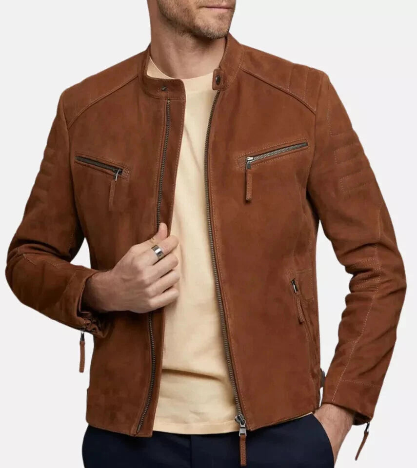 Men's Brown Suede Premium Original Leather Racer Jacket