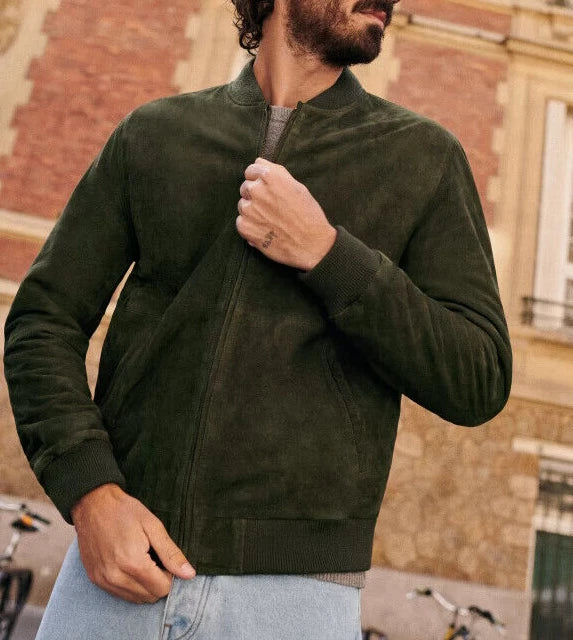 Men's Forest Green Suede Original Leather Bomber Jacket