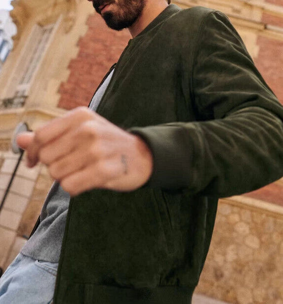 Men's Forest Green Suede Original Leather Bomber Jacket