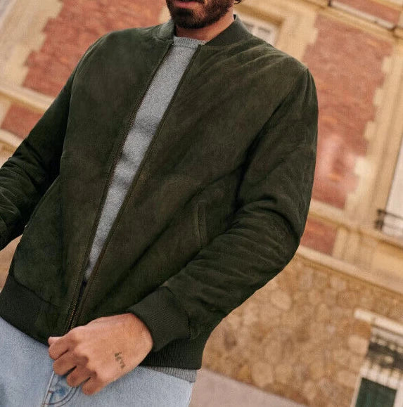 Men's Forest Green Suede Original Leather Bomber Jacket