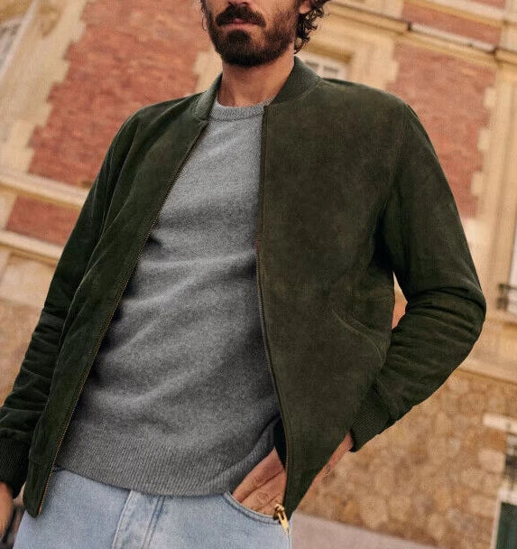 Men's Forest Green Suede Original Leather Bomber Jacket