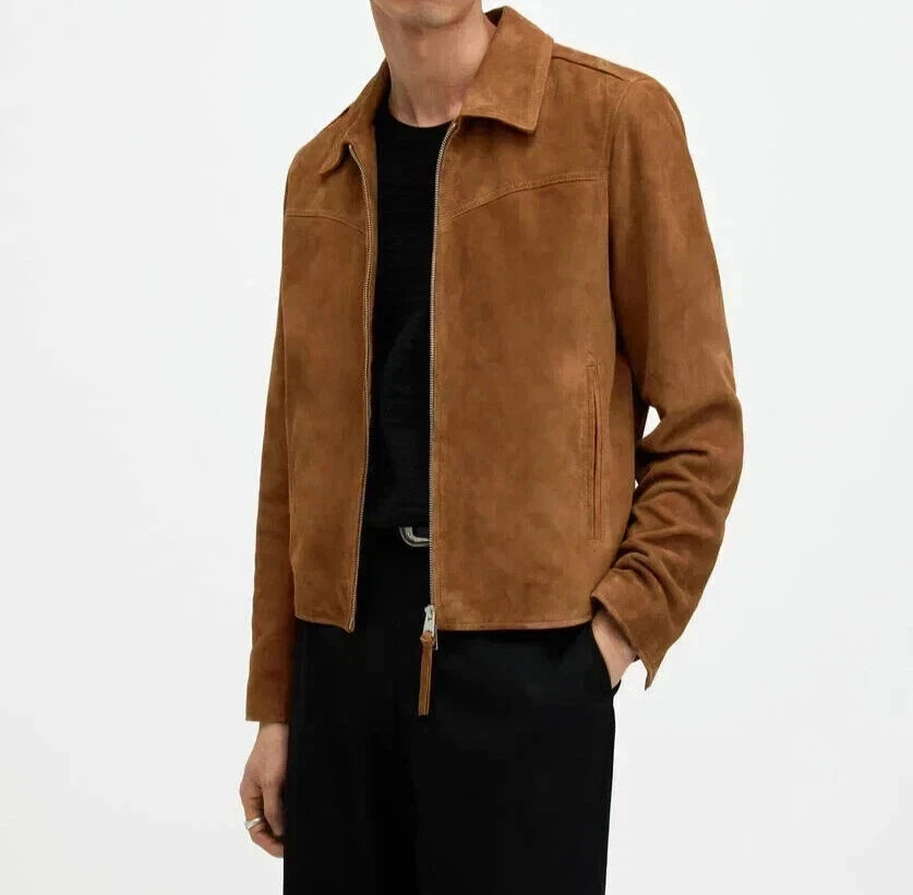 Men's Camel Tan Premium Suede Original Leather Zip Harrington Jacket