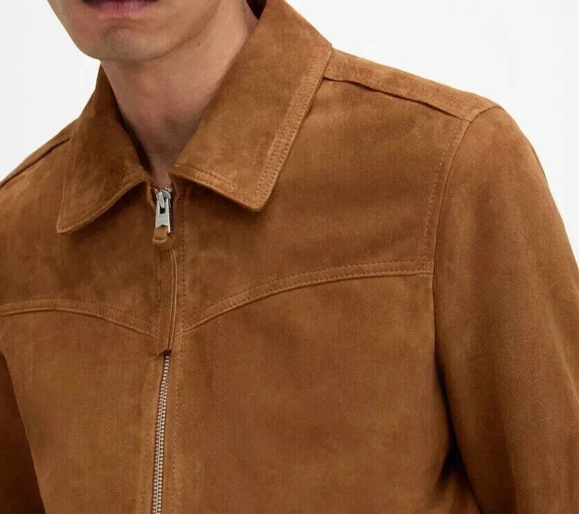 Men's Camel Tan Premium Suede Original Leather Zip Harrington Jacket