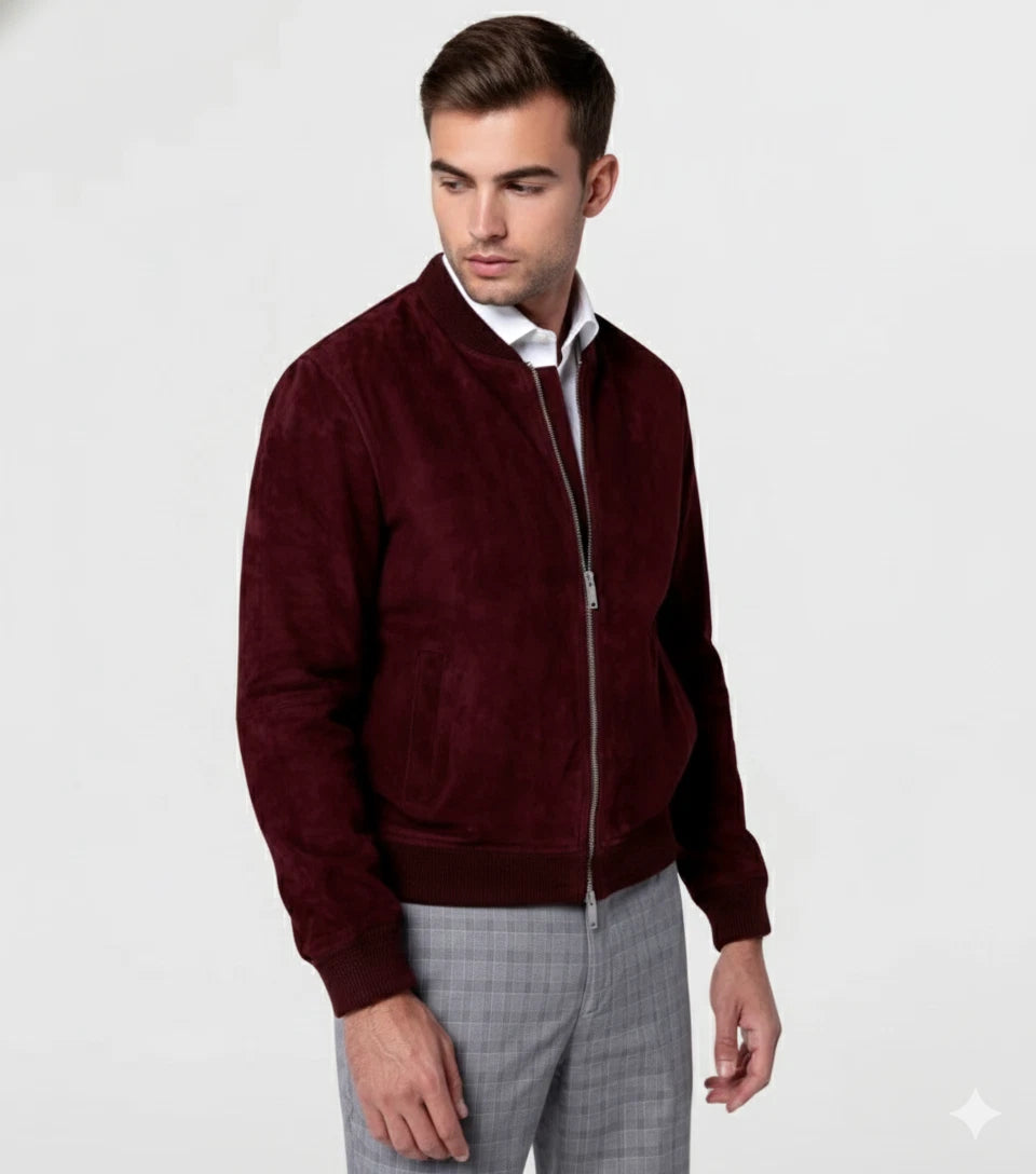 Men's Wine Burgundy Suede Original Leather Bomber Jacket
