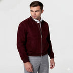 Men's Wine Burgundy Suede Original Leather Bomber Jacket