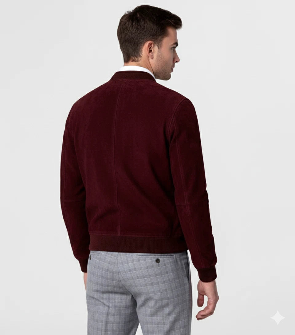 Men's Wine Burgundy Suede Original Leather Bomber Jacket