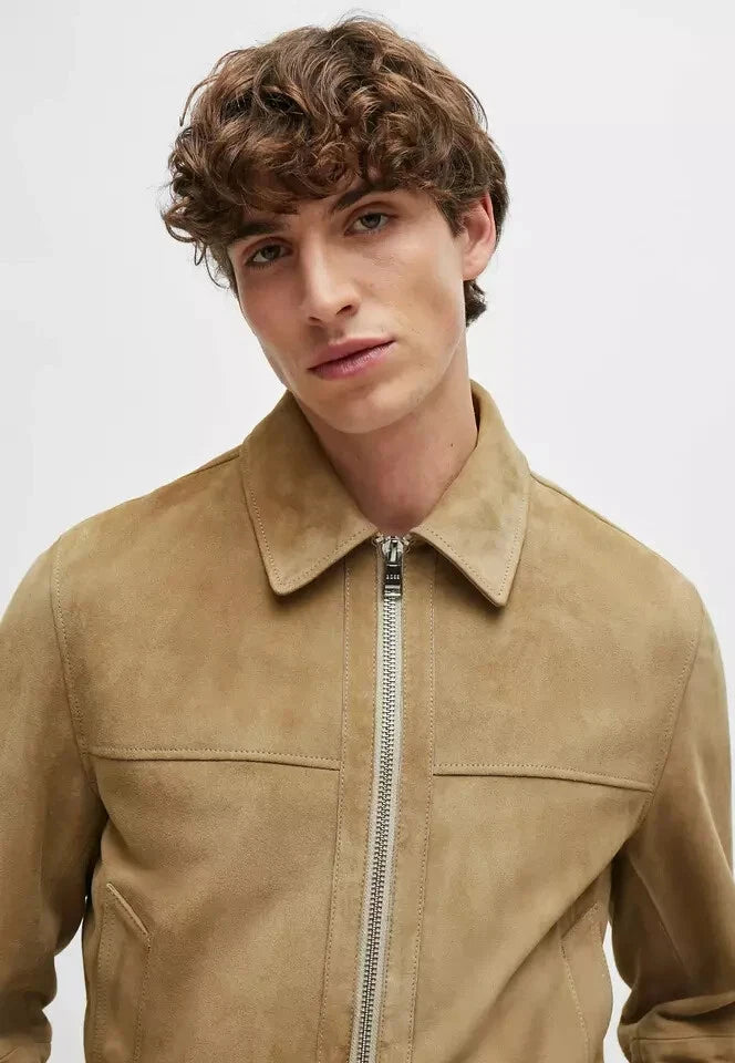 Men's Sand Khaki Suede Premium Original Leather Zip Shirt-Collar Jacket