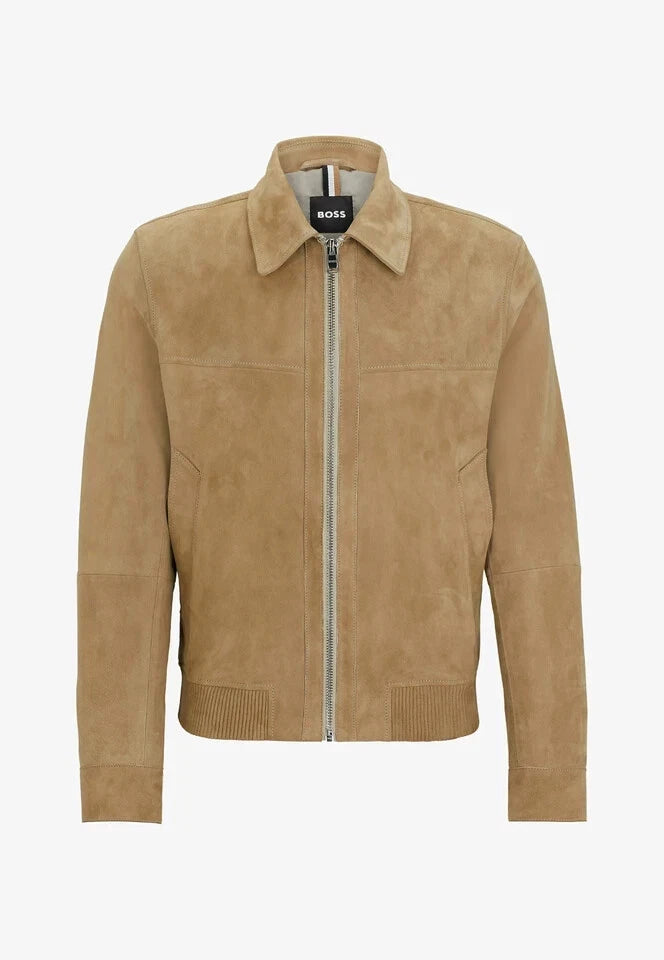 Men's Sand Khaki Suede Premium Original Leather Zip Shirt-Collar Jacket