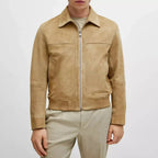 Men's Sand Khaki Suede Premium Original Leather Zip Shirt-Collar Jacket