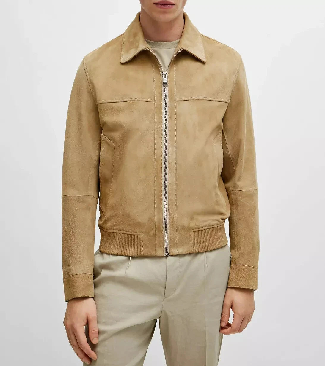 Men's Sand Khaki Suede Premium Original Leather Zip Shirt-Collar Jacket