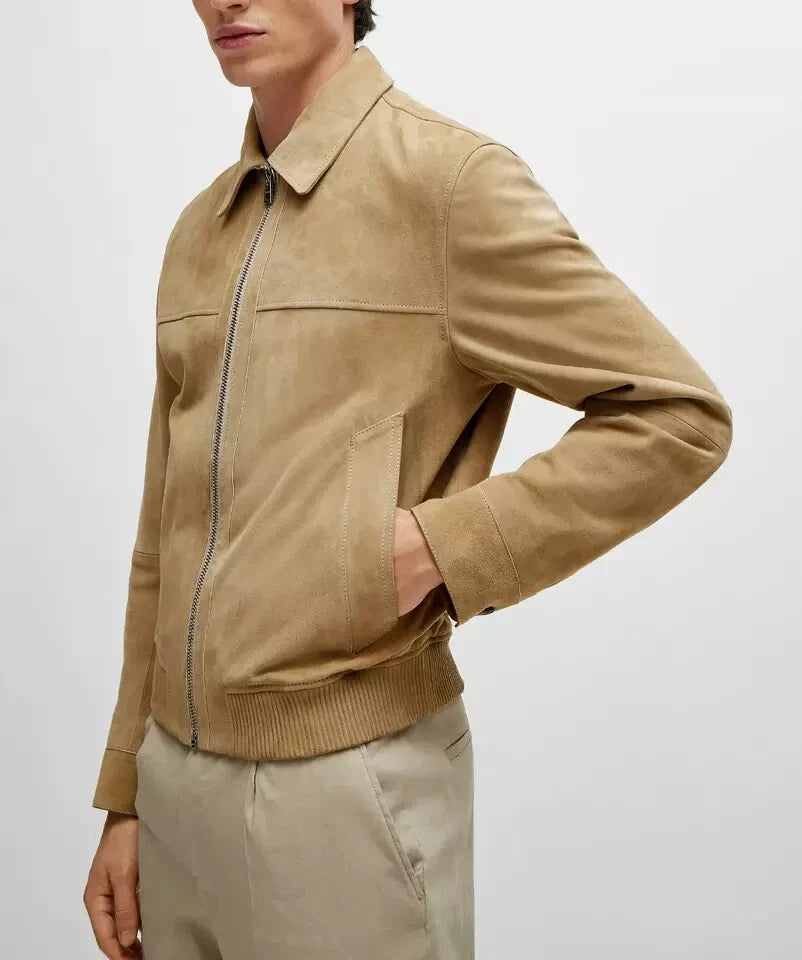 Men's Sand Khaki Suede Premium Original Leather Zip Shirt-Collar Jacket