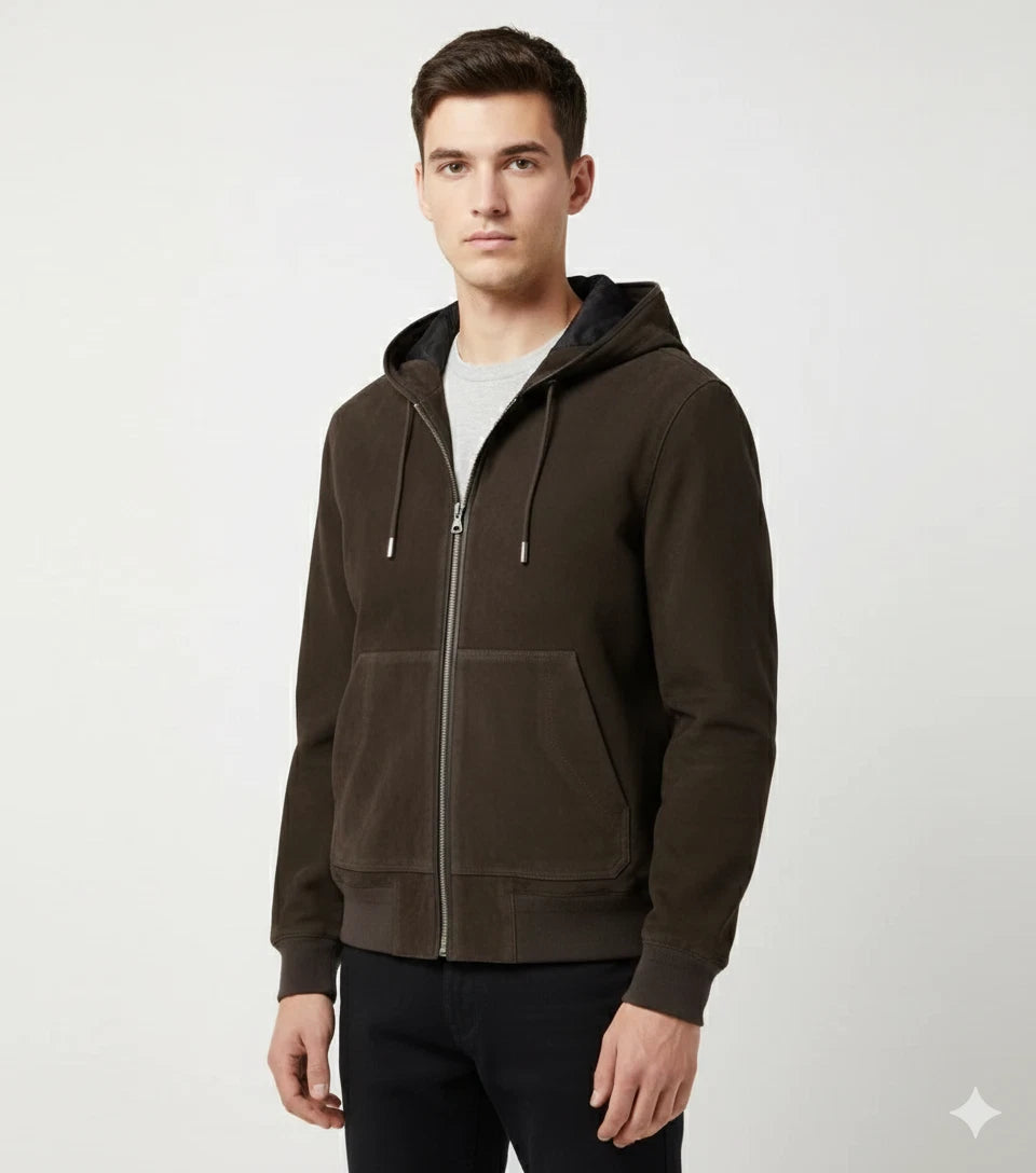 Men's Dark Olive Suede Original Premium Leather Zip Hoodie Jacket