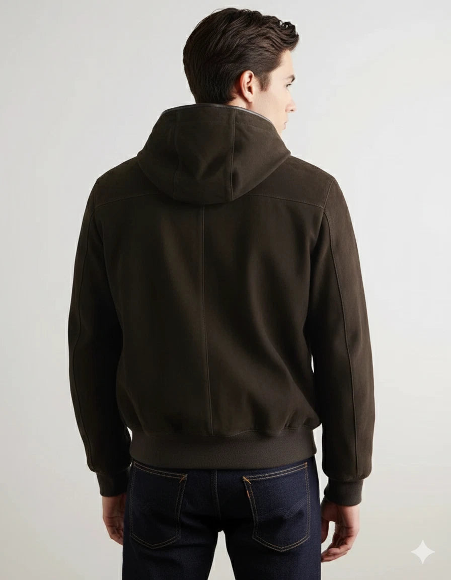 Men's Dark Olive Suede Original Premium Leather Zip Hoodie Jacket