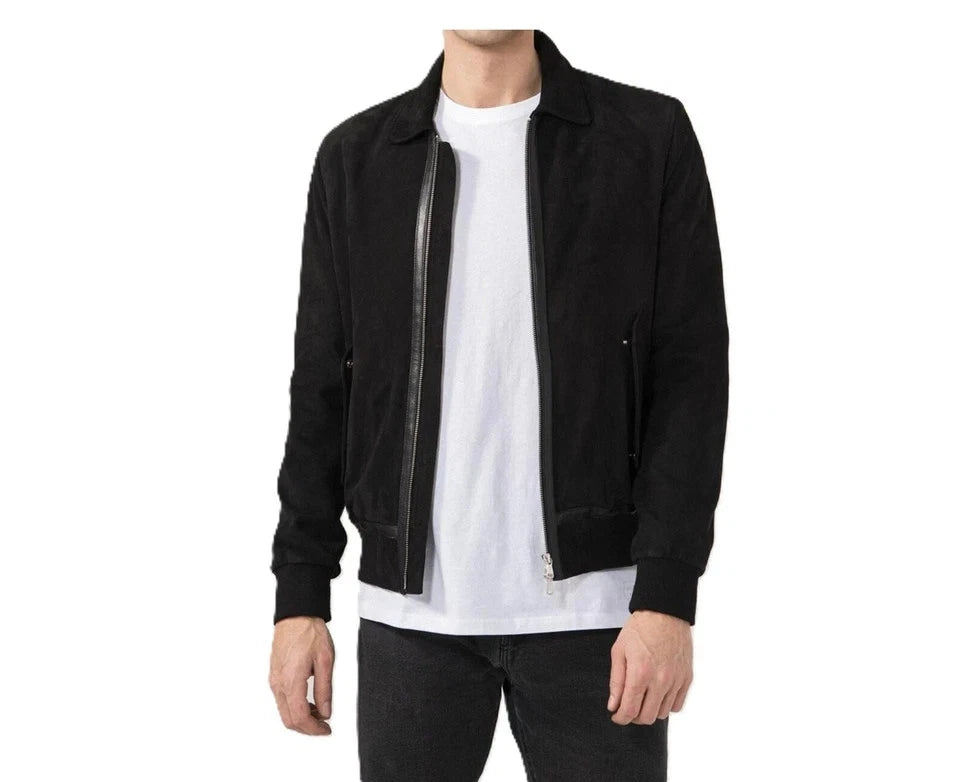 Men's Jet Black Suede Premium Original Leather Zip Shirt-Collar Jacket