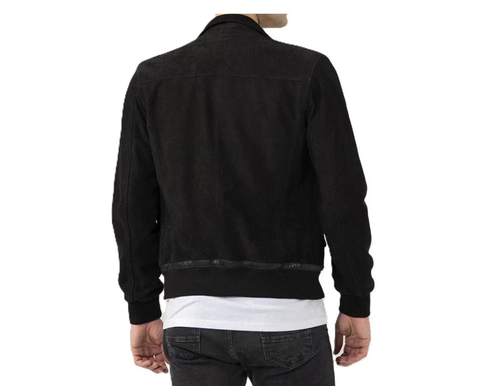 Men's Jet Black Suede Premium Original Leather Zip Shirt-Collar Jacket
