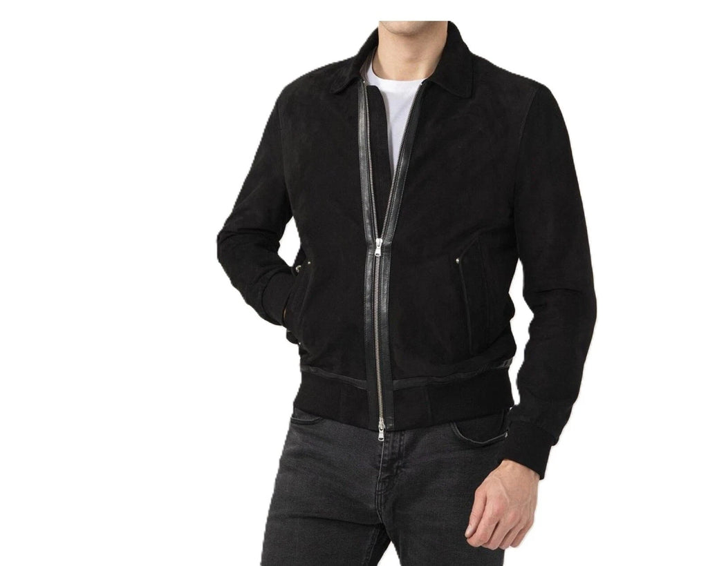 Men's Jet Black Suede Premium Original Leather Zip Shirt-Collar Jacket
