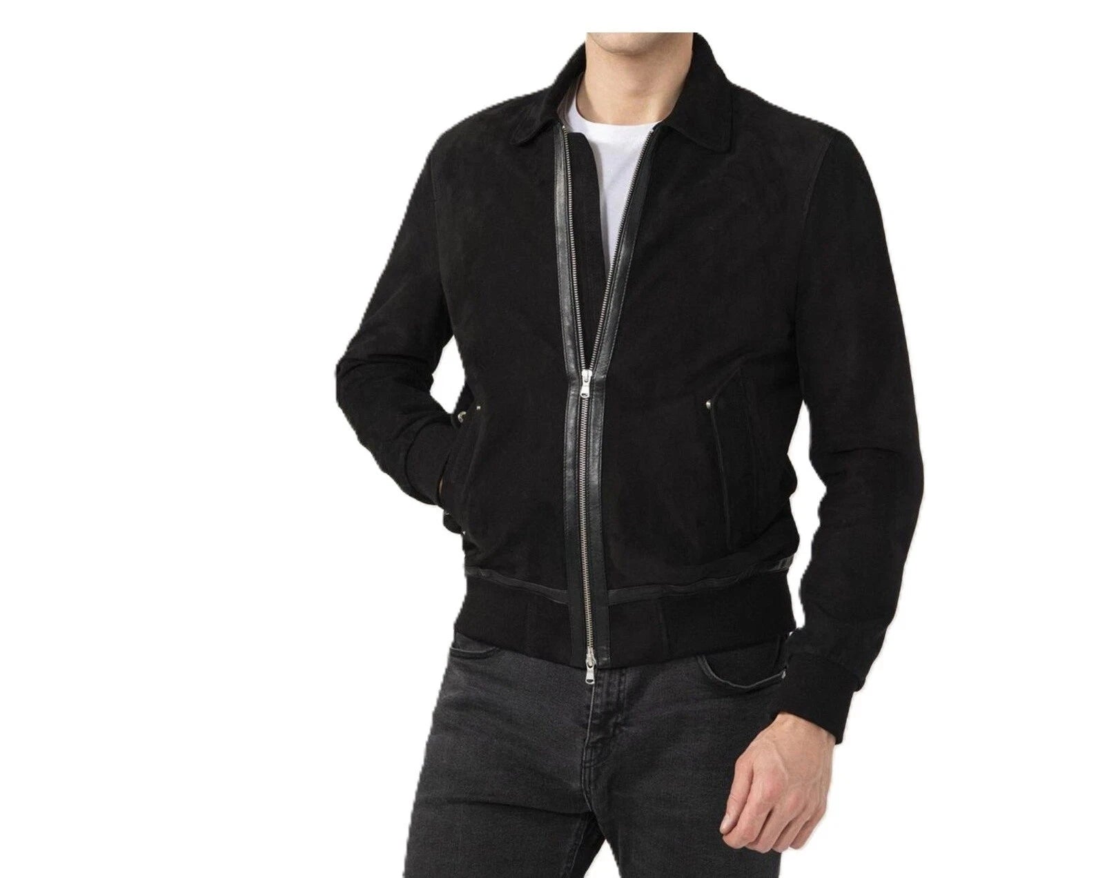 Men's Jet Black Suede Premium Original Leather Zip Shirt-Collar Jacket