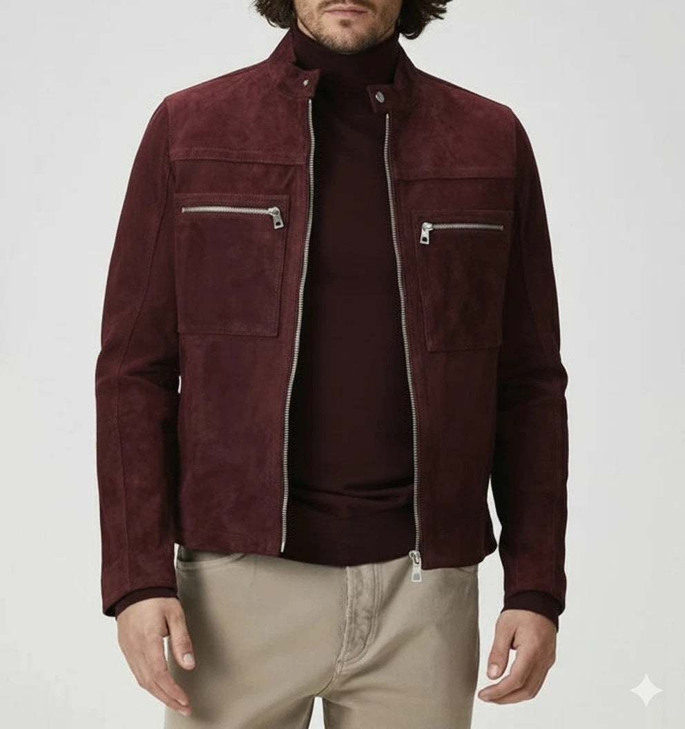Men's Oxblood Merlot Suede Original Premium Leather Moto Jacket