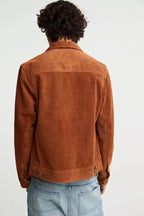 Men's Saddle Brown Suede Original Leather Zip Shirt-Collar Jacket