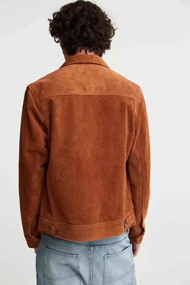 Men's Saddle Brown Suede Original Leather Zip Shirt-Collar Jacket