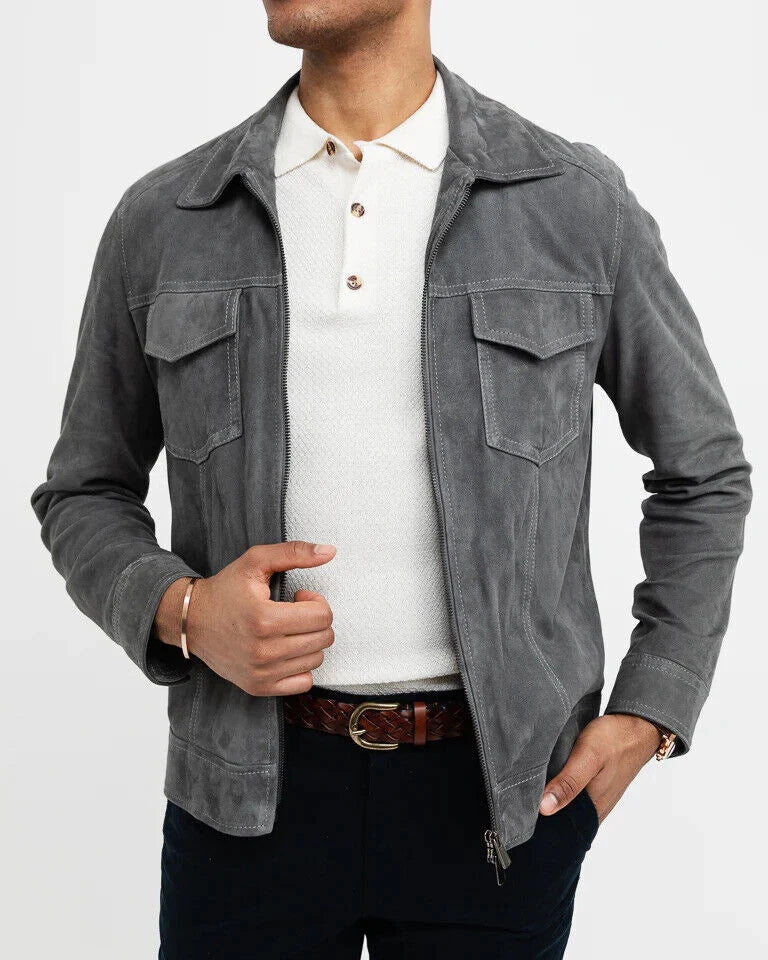 Men's Slate Grey Suede Original Leather Trucker Jacket