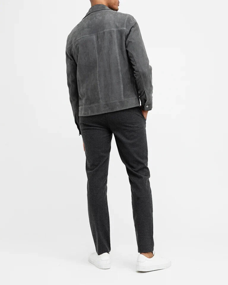 Men's Slate Grey Suede Original Leather Trucker Jacket