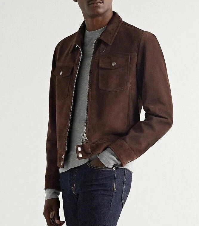 Men's Dark Chocolate Brown Suede Original Premium Leather Trucker Jacket