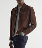 Men's Dark Chocolate Brown Suede Original Premium Leather Trucker Jacket
