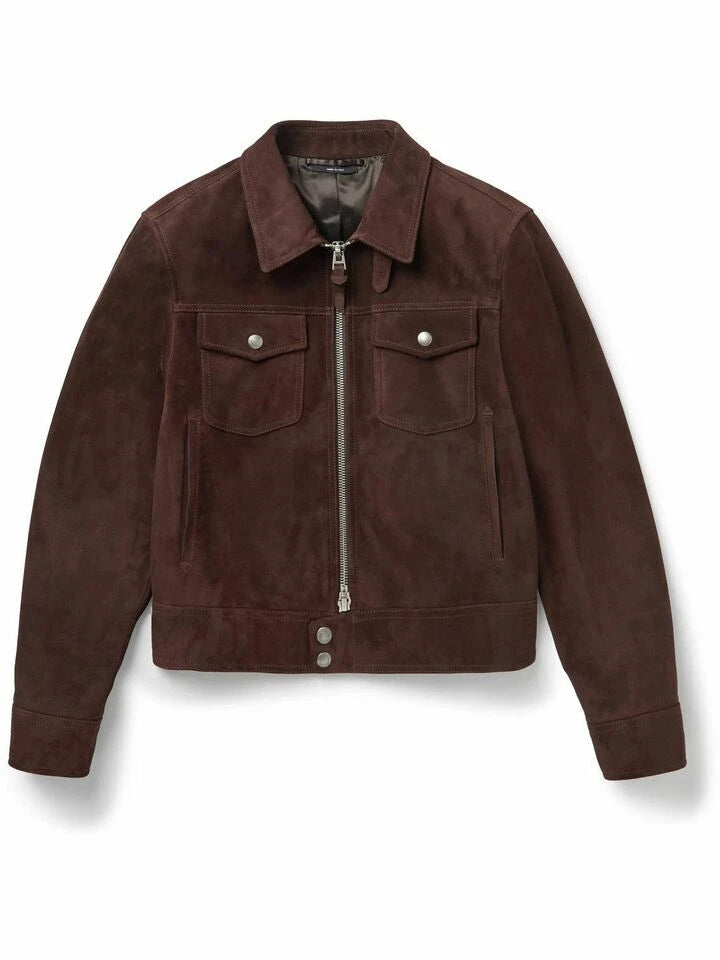 Men's Dark Chocolate Brown Suede Original Premium Leather Trucker Jacket