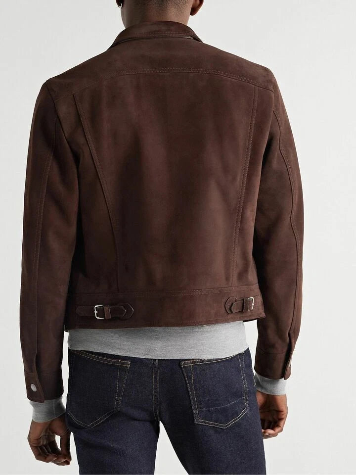 Men's Dark Chocolate Brown Suede Original Premium Leather Trucker Jacket